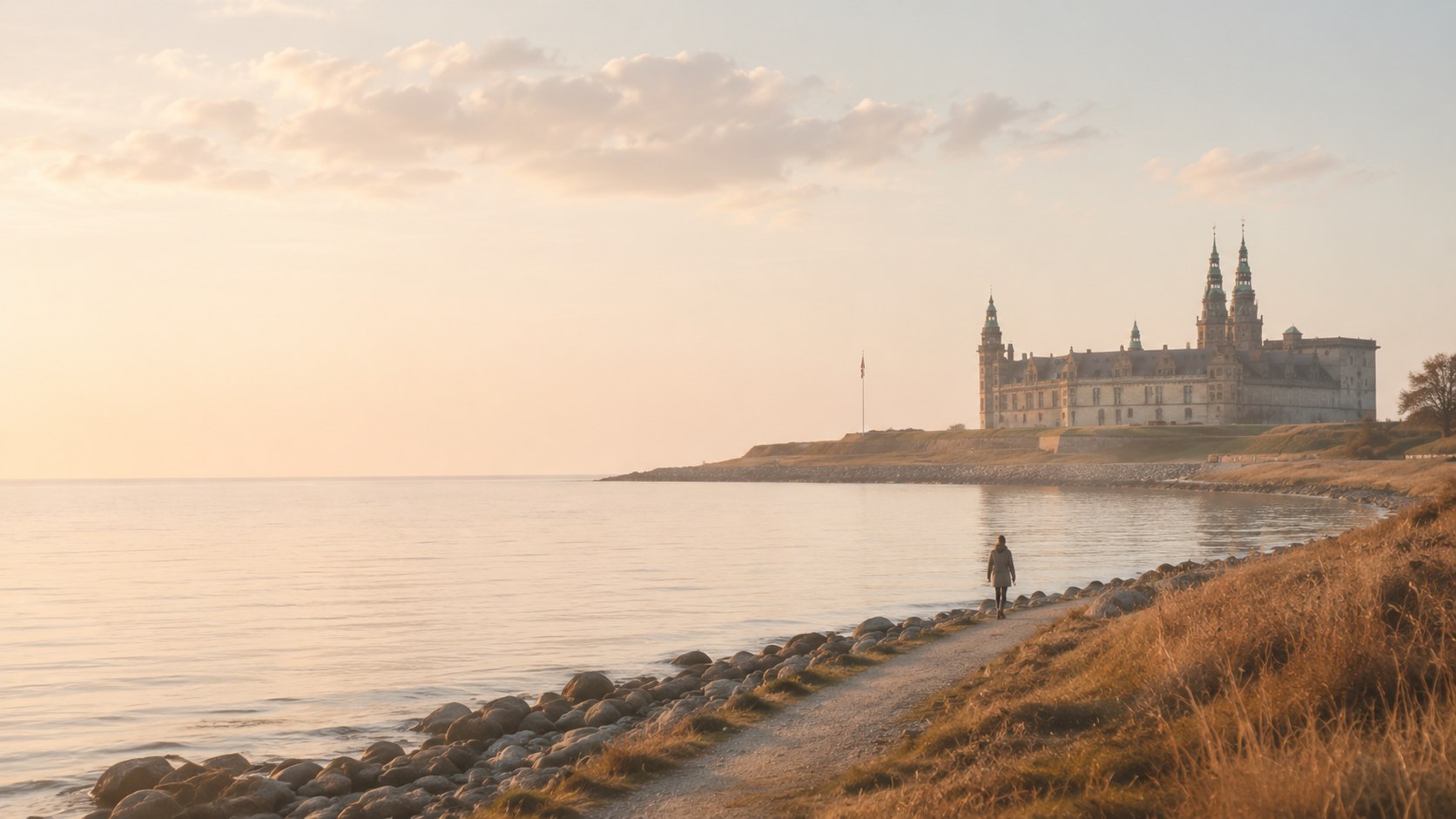 En kvinde går langs kysten mod Kronborg i Helsingør